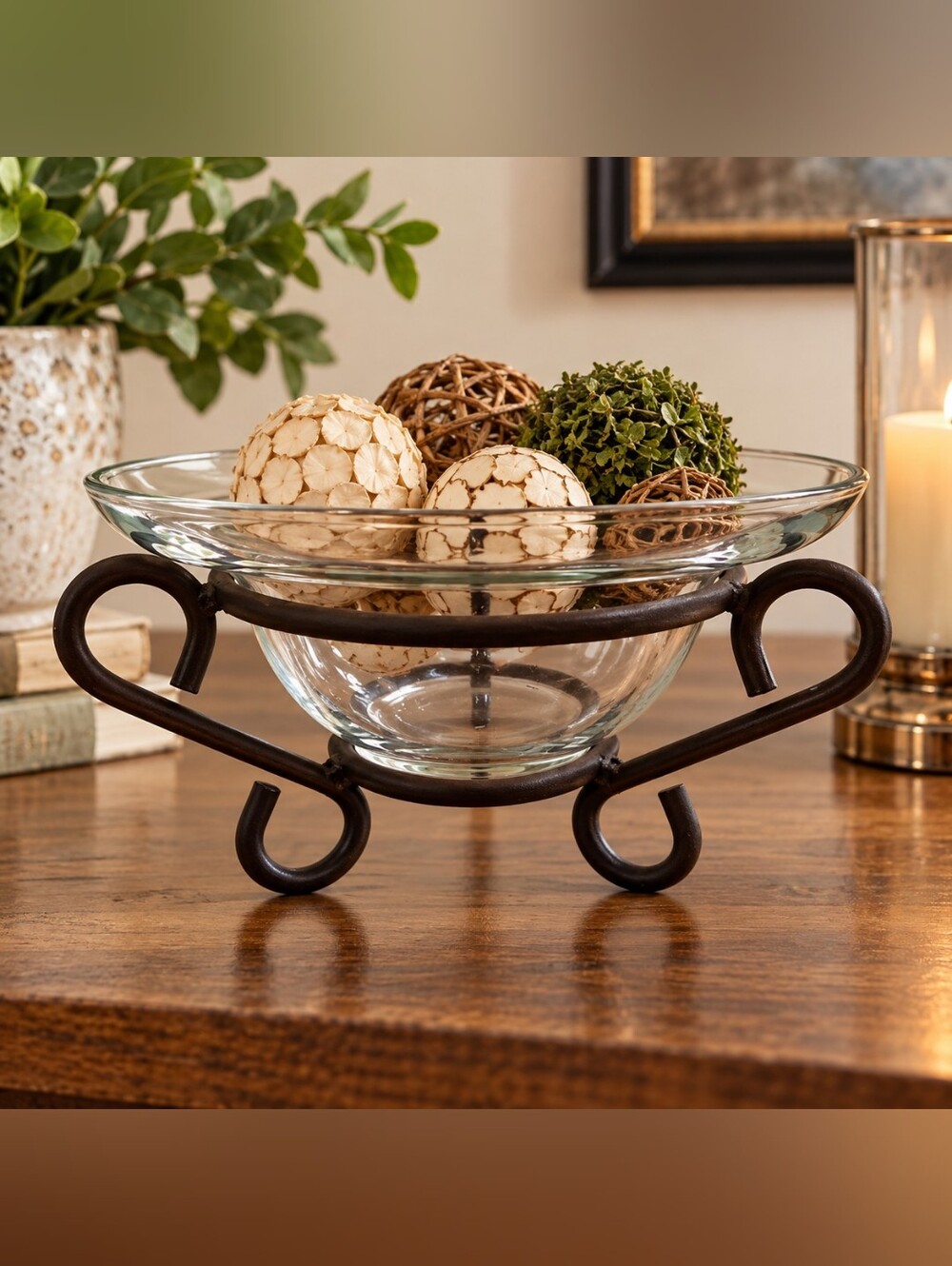 Clear Glass Bowl with Decorative Metal Stand